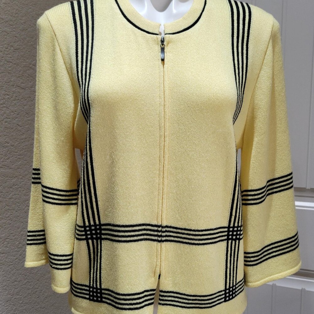 San Remo Laura Knits MED Cardigan Sweater Zip Flared Sleeves Yellow Black Stripe